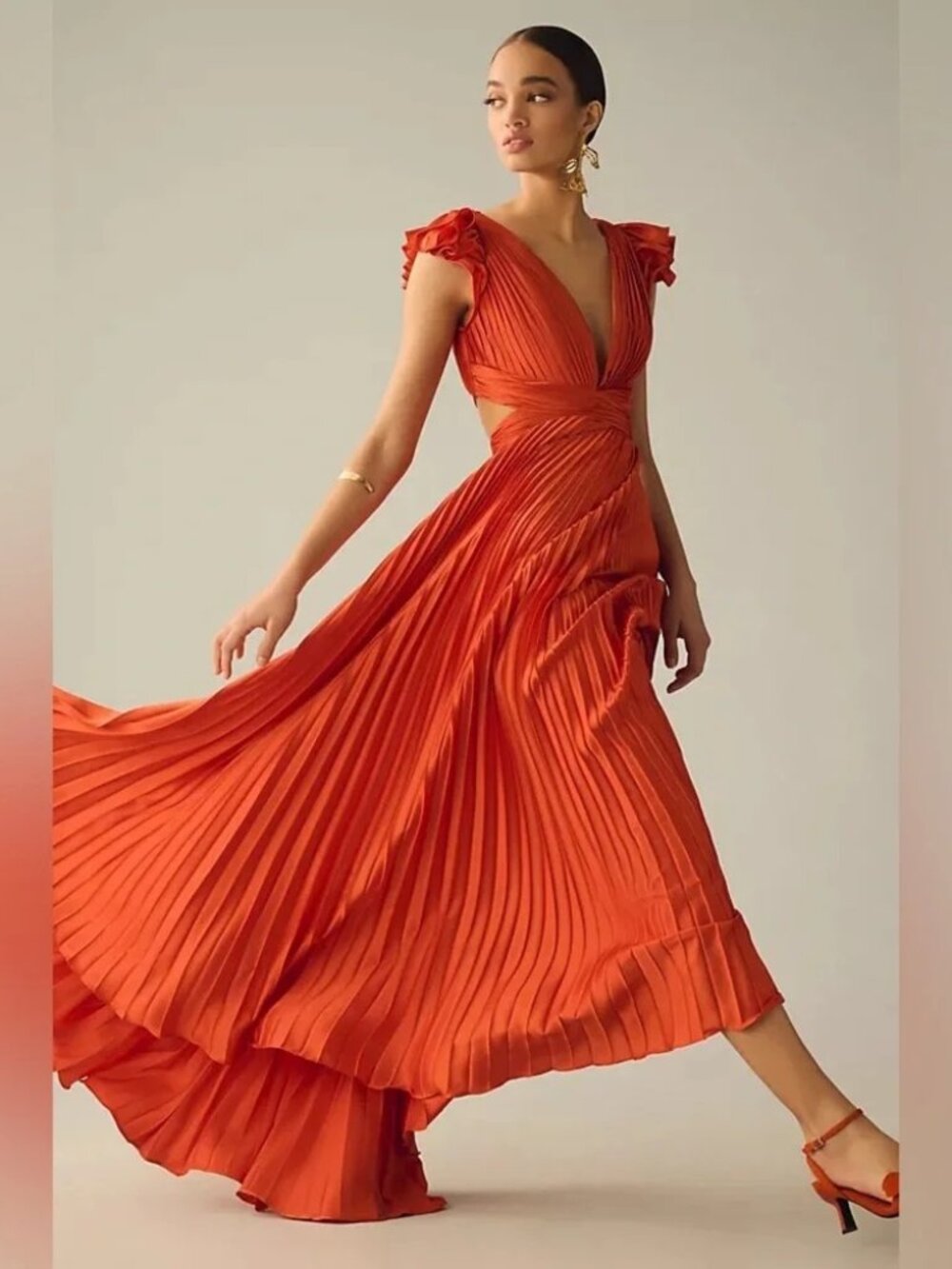 Mac Duggal Orange Pleated Corset Lace Up Back Ruffle Gown Size 4 - Picture 3 of 13